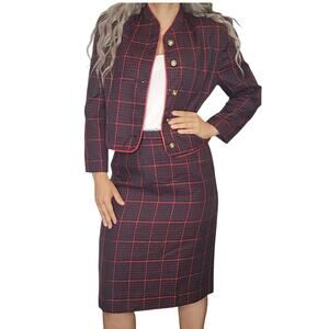 Vintage Plaid Suit Set Womens 12P Petite Black Red Blazer Skirt Office Siren